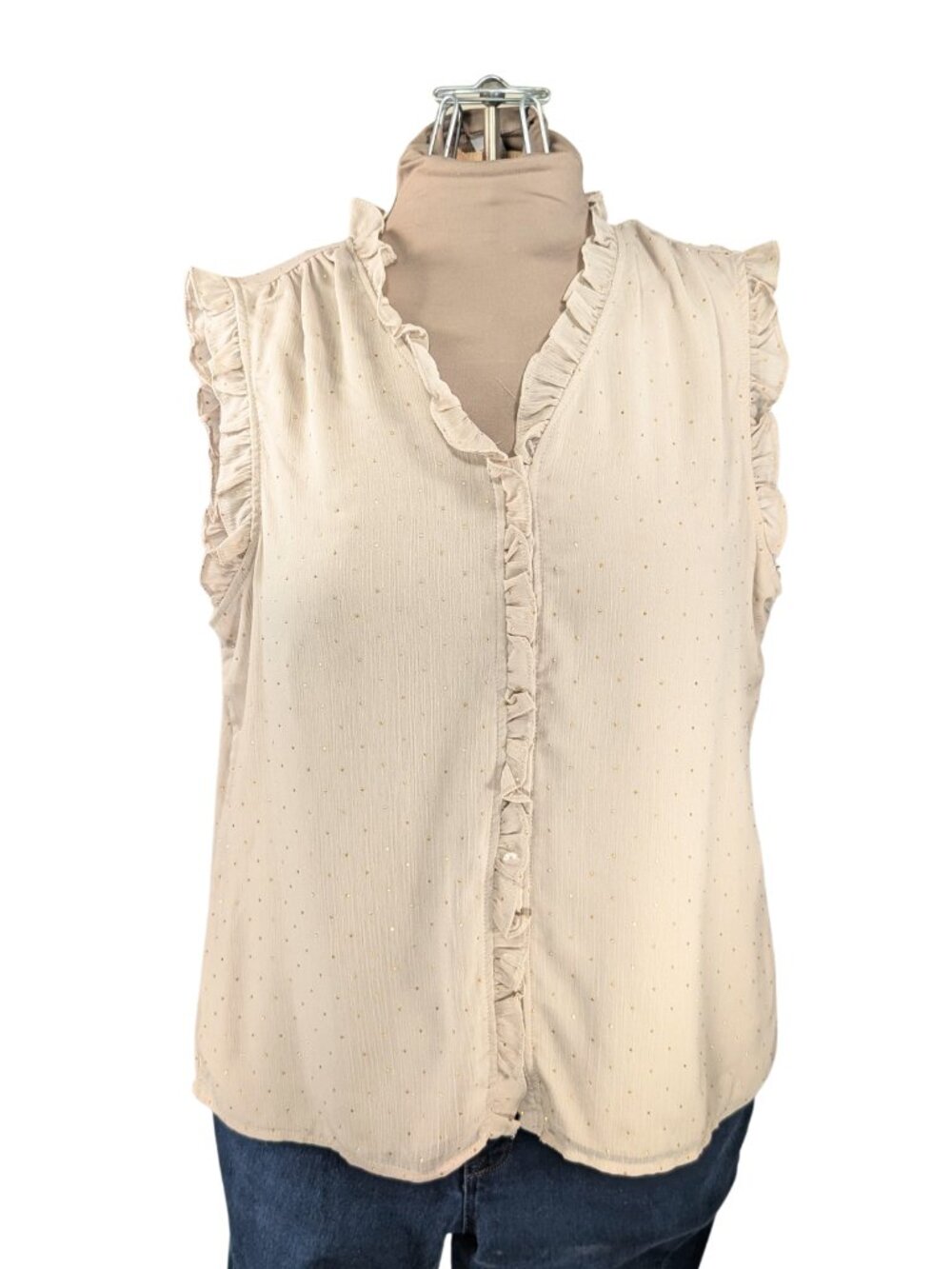Adrienne Vittadini XL NWT Beige Gold Polka Dot Sleeveless Lined Ruffle Blouse